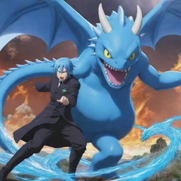 Rimuru Tempest from the anime 'That Time I Got Reincarnated as a Slime', engaging in a vibrant battle with a fierce dragon.