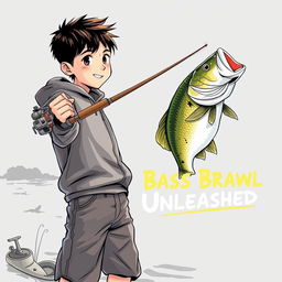 A dynamic, realistic fishing scene featuring a young Asian fisherman with narrow eyes and an enthusiastic expression, showcasing the excitement of reeling in a caught bass