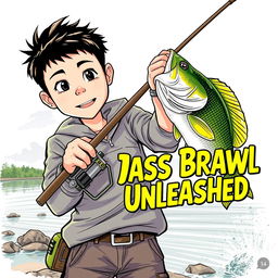 A dynamic, realistic fishing scene featuring a young Asian fisherman with narrow eyes and an enthusiastic expression, showcasing the excitement of reeling in a caught bass