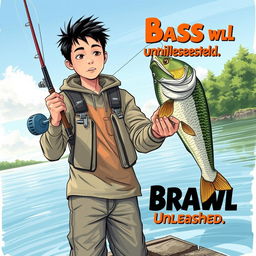 A dynamic, realistic fishing scene featuring a young Asian fisherman with narrow eyes and an enthusiastic expression, showcasing the excitement of reeling in a caught bass