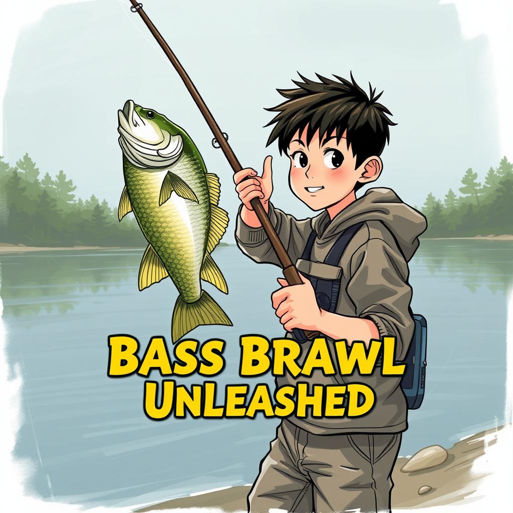 A dynamic, realistic fishing scene featuring a young Asian fisherman with narrow eyes and an enthusiastic expression, showcasing the excitement of reeling in a caught bass