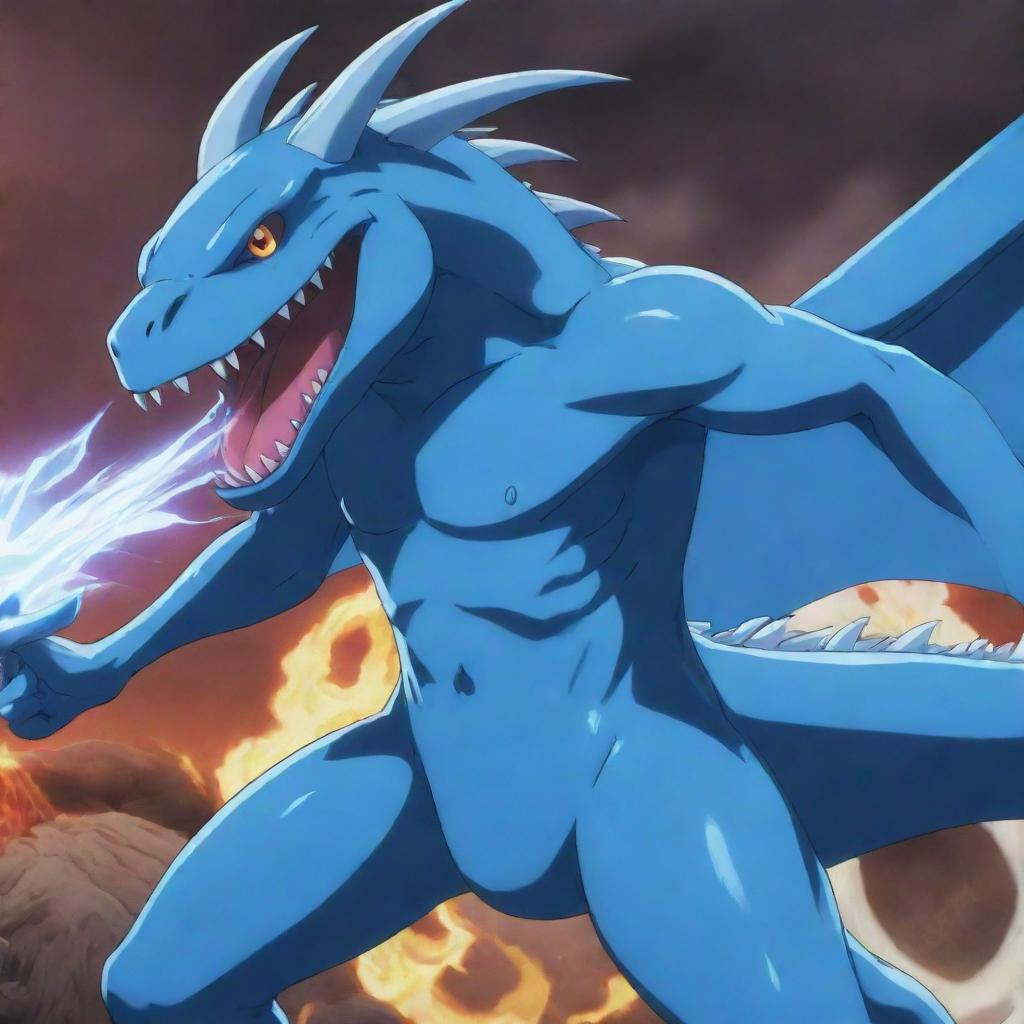 Rimuru Tempest from the anime 'That Time I Got Reincarnated as a Slime', engaging in a vibrant battle with a fierce dragon.