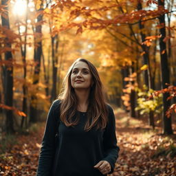 A woman taking a peaceful walk through a forest where leaves are gently falling