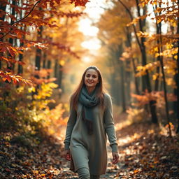 A woman taking a peaceful walk through a forest where leaves are gently falling