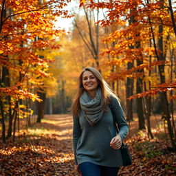 A woman taking a peaceful walk through a forest where leaves are gently falling