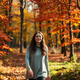 A woman taking a peaceful walk through a forest where leaves are gently falling