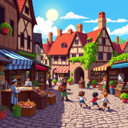 A vibrant pixel art scene depicting a bustling medieval market square with various colorful stalls and characters engaging in trade and conversation