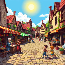 A vibrant pixel art scene depicting a bustling medieval market square with various colorful stalls and characters engaging in trade and conversation