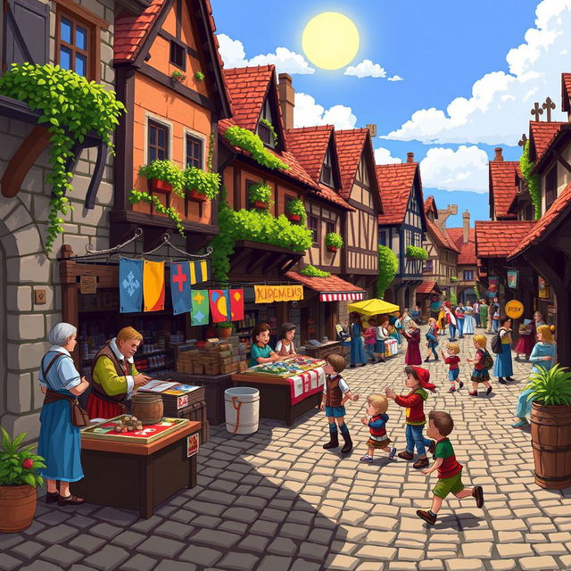 A vibrant pixel art scene depicting a bustling medieval market square with various colorful stalls and characters engaging in trade and conversation