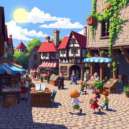 A vibrant pixel art scene depicting a bustling medieval market square with various colorful stalls and characters engaging in trade and conversation