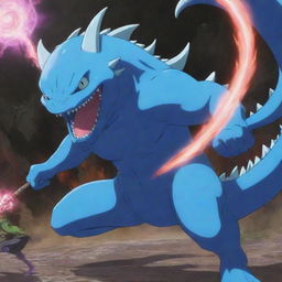 Rimuru Tempest from the anime 'That Time I Got Reincarnated as a Slime', engaging in a vibrant battle with a fierce dragon.