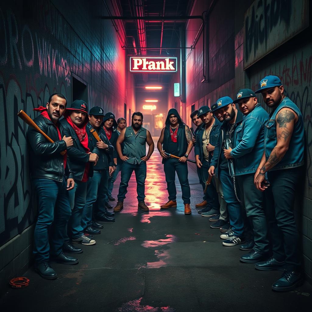 A tense standoff between two rival gangs, each group positioned on opposite sides of a dimly lit alleyway, graffiti-covered walls, and the faint glow of neon lights in the background