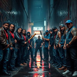 A tense standoff between two rival gangs, each group positioned on opposite sides of a dimly lit alleyway, graffiti-covered walls, and the faint glow of neon lights in the background