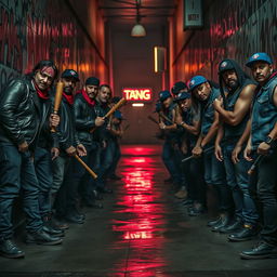 A tense standoff between two rival gangs, each group positioned on opposite sides of a dimly lit alleyway, graffiti-covered walls, and the faint glow of neon lights in the background