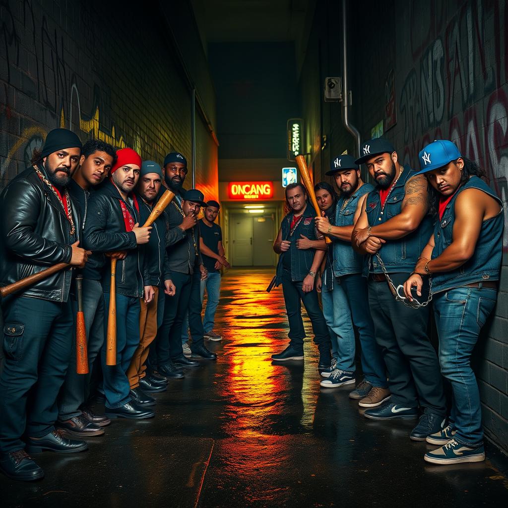 A tense standoff between two rival gangs, each group positioned on opposite sides of a dimly lit alleyway, graffiti-covered walls, and the faint glow of neon lights in the background