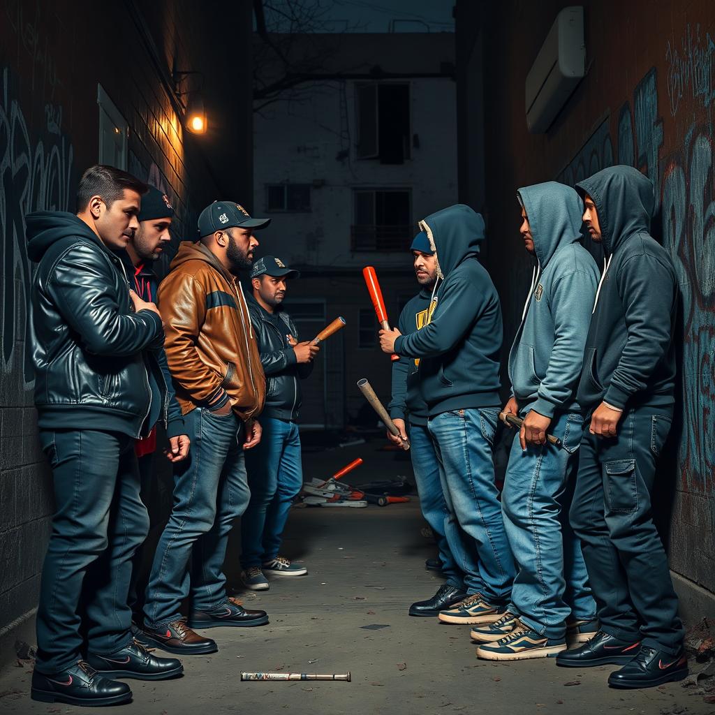 A tense confrontation between two rival gangs in an urban setting, positioned at the end of a dark alley