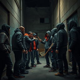 A tense confrontation between two rival gangs in an urban setting, positioned at the end of a dark alley