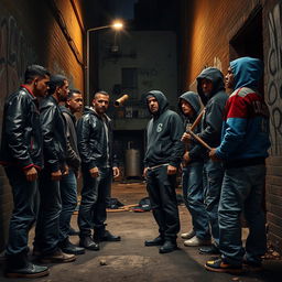 A tense confrontation between two rival gangs in an urban setting, positioned at the end of a dark alley