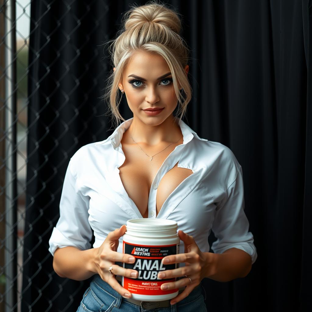 A close-up shot focusing on the upper body of a gorgeous female with blonde hair styled in a bun, wearing a white shirt tied in front to reveal her large chest and cleavage