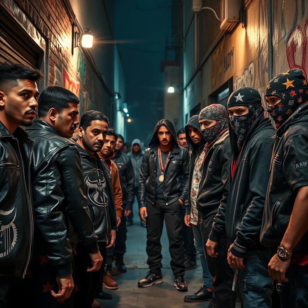 A street scene depicting a tense standoff between two rival gangs