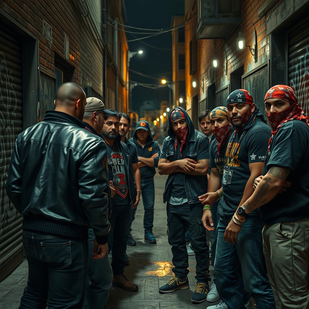 A street scene depicting a tense standoff between two rival gangs