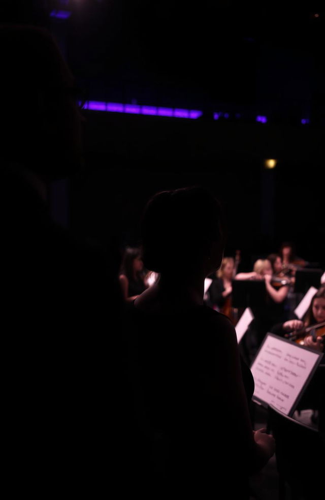 A silhouette of a man hiding in the distance, gazing towards the stands at a woman watching an orchestra