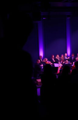 A silhouette of a man hiding in the distance, gazing towards the stands at a woman watching an orchestra