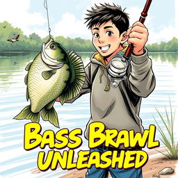 A dynamic, artistically realistic fishing scene featuring a young Asian fisherman with narrow eyes and an enthusiastic expression reflecting the thrill of catching a bass