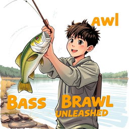 A dynamic, artistically realistic fishing scene featuring a young Asian fisherman with narrow eyes and an enthusiastic expression reflecting the thrill of catching a bass