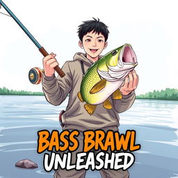 A dynamic, artistically realistic fishing scene featuring a young Asian fisherman with narrow eyes and an enthusiastic expression reflecting the thrill of catching a bass