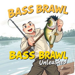 A dynamic, artistically realistic fishing scene featuring a young Asian fisherman with narrow eyes and an enthusiastic expression reflecting the thrill of catching a bass