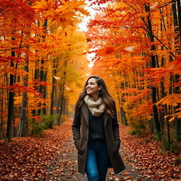 A woman walking through a beautiful forest as autumn leaves fall around her