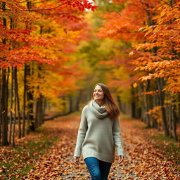 A woman walking through a beautiful forest as autumn leaves fall around her