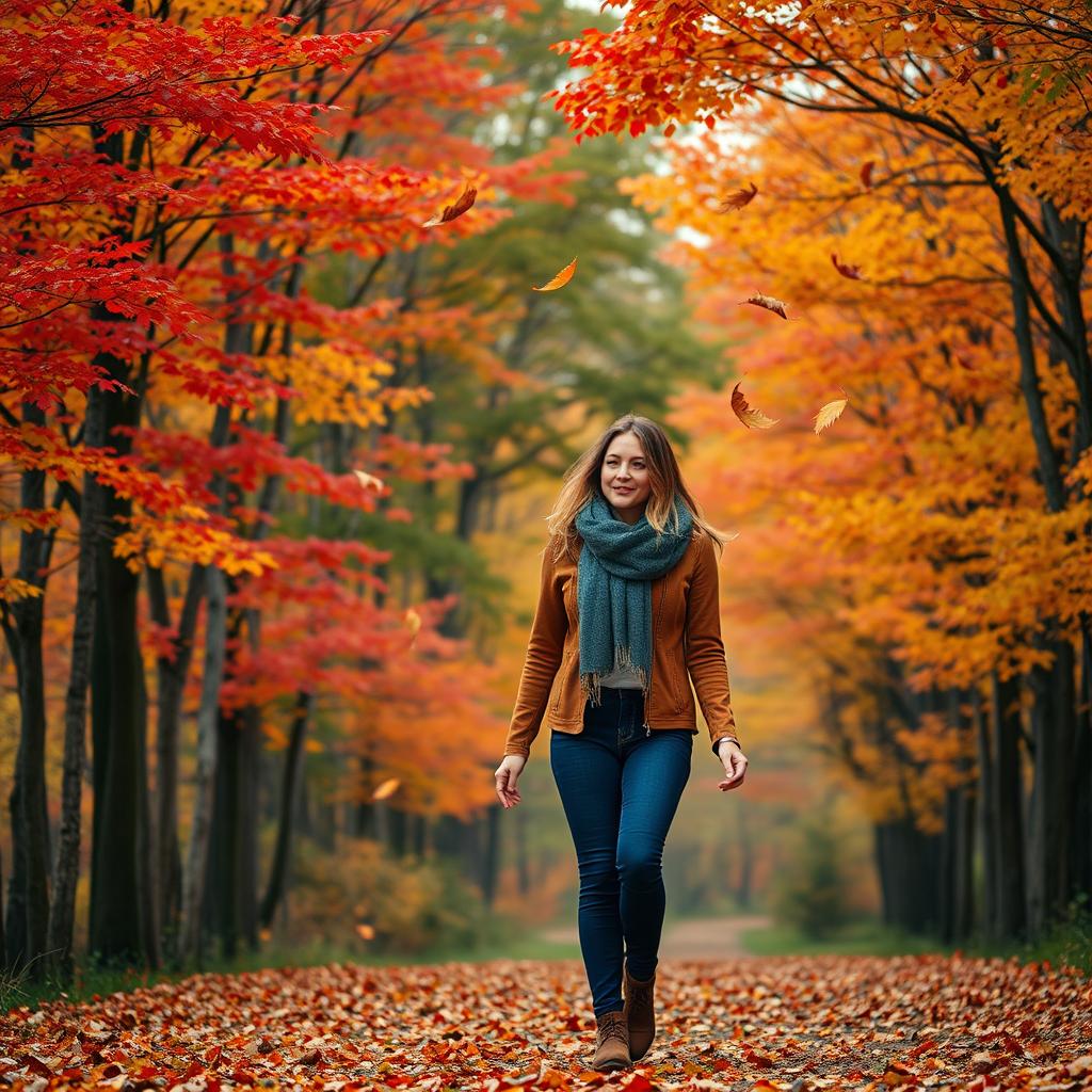 A woman walking through a beautiful forest as autumn leaves fall around her