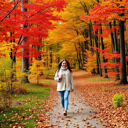 A woman walking through a beautiful forest as autumn leaves fall around her