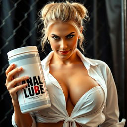 Close-up of a stunning female with a blonde bun hairstyle, wearing a white shirt tied in the front, showcasing a large chest with visible cleavage