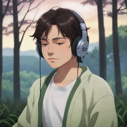 Muichirou Tokitou from Demon Slayer, depicted in a serene scene, headphones on, deep in the rhythm of his favourite music.