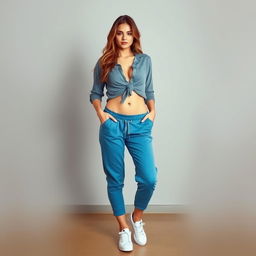 A sexy young woman standing confidently, wearing a gray blouse that delicately reveals her belly, paired with stylish blue sweatpants