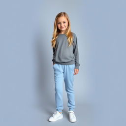 An 18-year-old blonde girl, wearing a gray blouse that reaches her belly, paired with light blue sweatpants and white sneakers