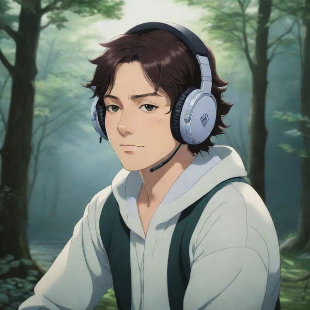 Muichirou Tokitou from Demon Slayer, depicted in a serene scene, headphones on, deep in the rhythm of his favourite music.