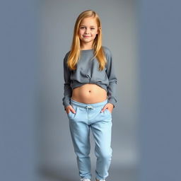 An 18-year-old blonde girl, wearing a gray blouse that reaches her belly, paired with light blue sweatpants and white sneakers