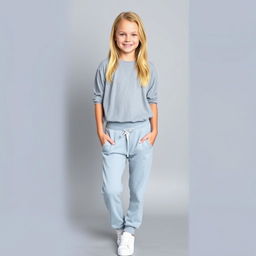 An 18-year-old blonde girl, wearing a gray blouse that reaches her belly, paired with light blue sweatpants and white sneakers