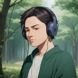 Muichirou Tokitou from Demon Slayer, depicted in a serene scene, headphones on, deep in the rhythm of his favourite music.