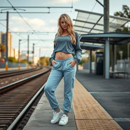 An 18-year-old blonde young woman, wearing a gray blouse that reaches her belly, paired with light blue sweatpants and white sneakers, standing in a sexy pose at a tram station