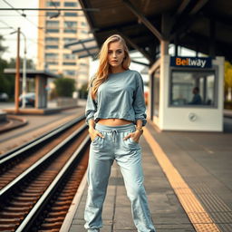 An 18-year-old blonde young woman, wearing a gray blouse that reaches her belly, paired with light blue sweatpants and white sneakers, standing in a sexy pose at a tram station