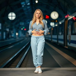 A young 18-year-old blonde woman, wearing a gray blouse that reaches her belly, light blue sweatpants, and white sneakers, standing sexy at a tram station