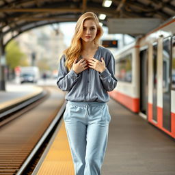 A young 18-year-old blonde woman, wearing a gray blouse that reaches her belly, light blue sweatpants, and white sneakers, standing sexy at a tram station