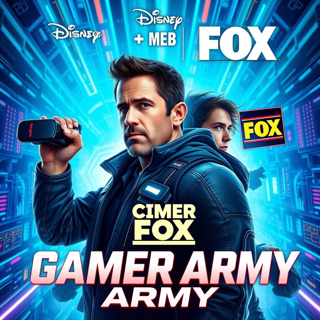 A dynamic and adventurous movie poster for "Gamer Army," a collaborative film by Disney and Fox featuring Ryan Reynolds and Timothée Chalamet