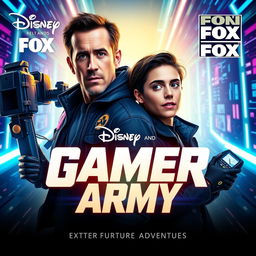 A dynamic and adventurous movie poster for "Gamer Army," a collaborative film by Disney and Fox featuring Ryan Reynolds and Timothée Chalamet