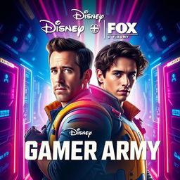 A dynamic and adventurous movie poster for "Gamer Army," a collaborative film by Disney and Fox featuring Ryan Reynolds and Timothée Chalamet